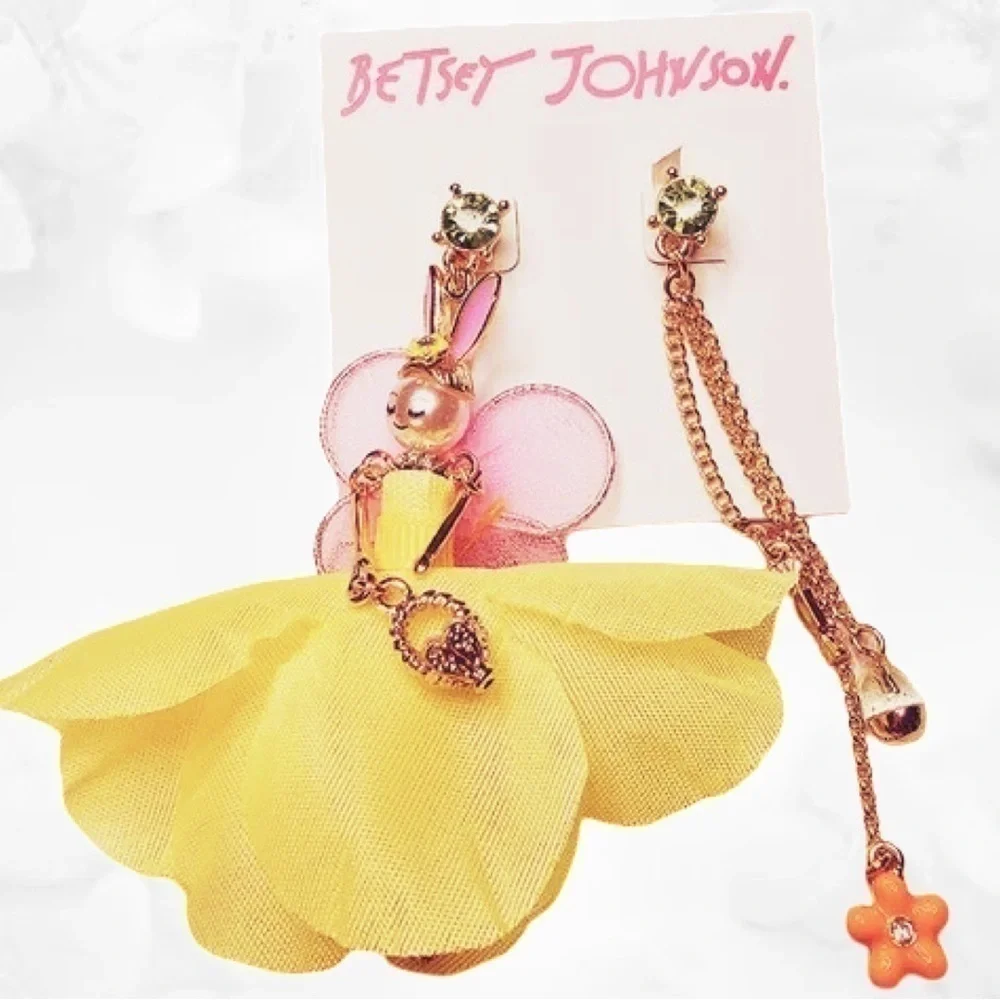 Betsey Johnson Bunny Fairy Earrings MisMatch Set Crystal Rhinestones Yellow Pink - Picture 1 of 5